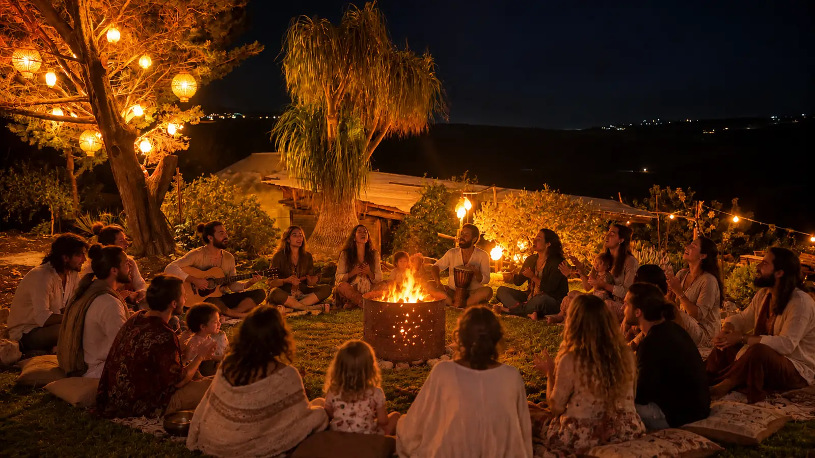 מעגל אנשים יושבים סביב המדורה בלילה, מתחת לפנסים תלויים