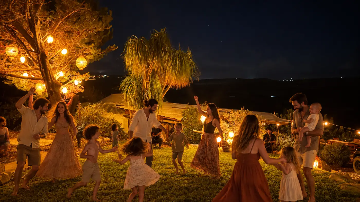משפחות רוקדות על הדשא בלילה, מתחת לפנסים תלויים